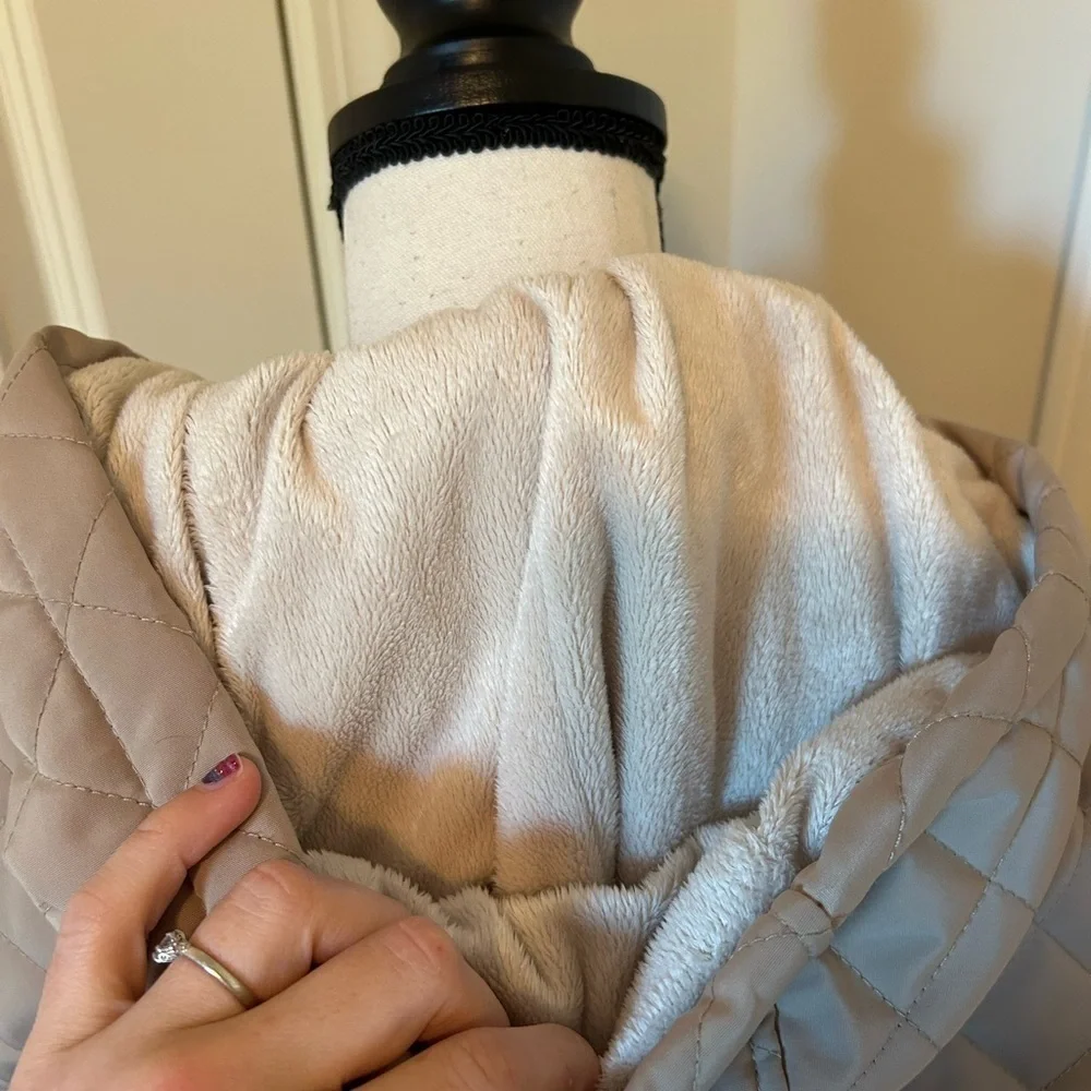 Beige Calvin Klein hooded zip up, puffer jacket with fur lining